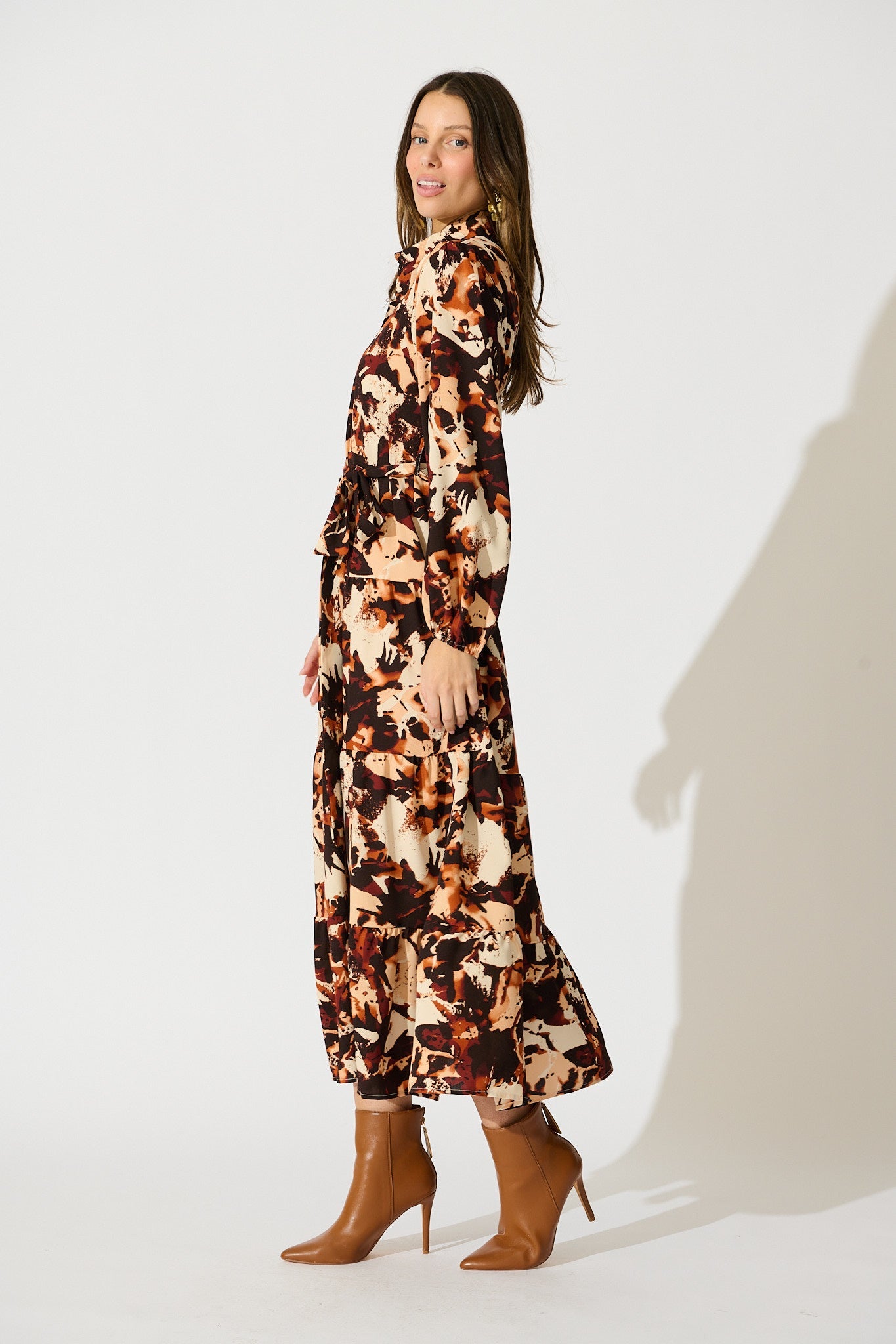 Loop Me Maxi Shirt Dress in Multi Brown Print Satin