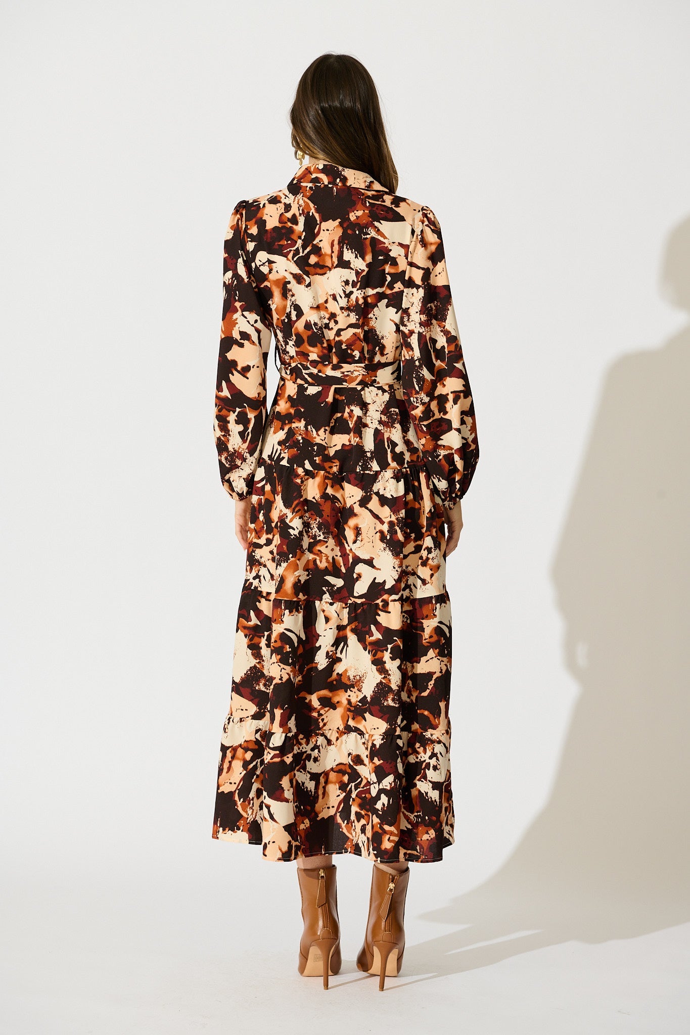 Loop Me Maxi Shirt Dress in Multi Brown Print Satin