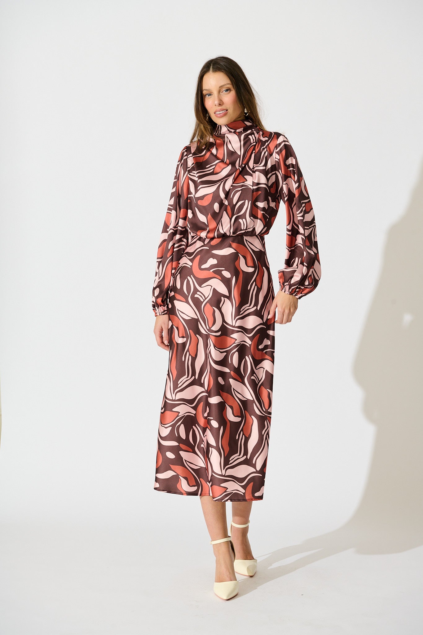 Sepia Bloom Midi Dress in Multi Brown Print Satin