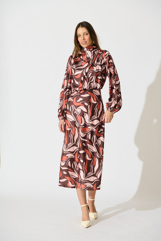 Sepia Bloom Midi Dress in Multi Brown Print Satin