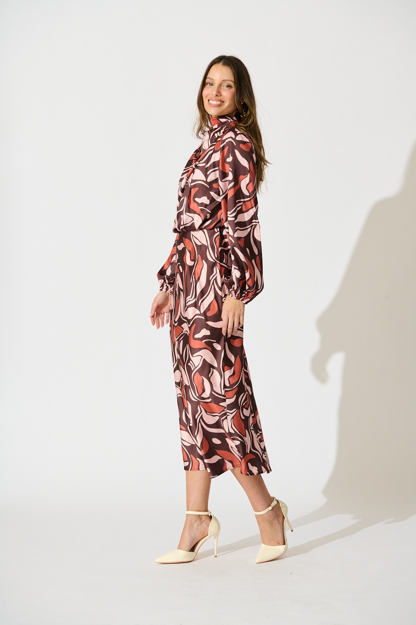 Sepia Bloom Midi Dress in Multi Brown Print Satin
