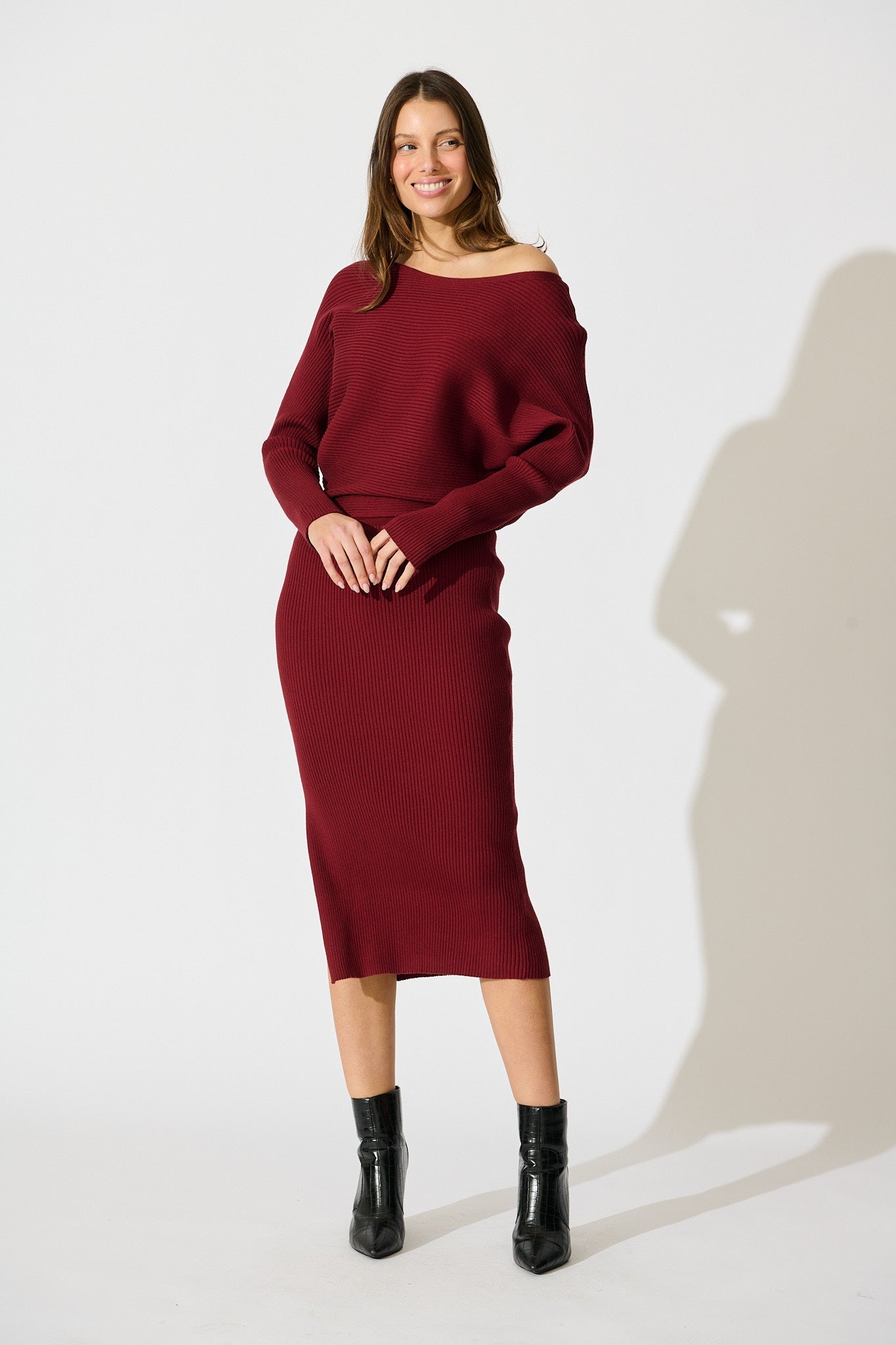 Kassia Off Shoulder Midi Knit Dress in Wine