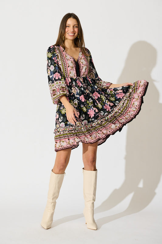 Tully Dress in Black with Pink Boho Floral