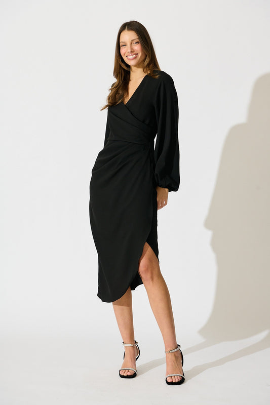Kalisha Midi Dress in Black Satin