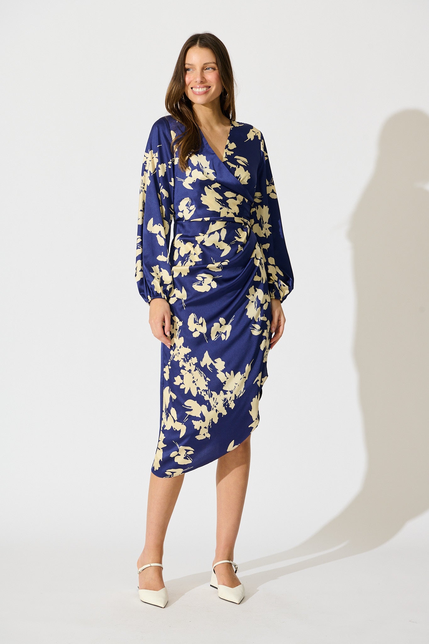 Kalisha Midi Dress in Blue with White Floral Satin