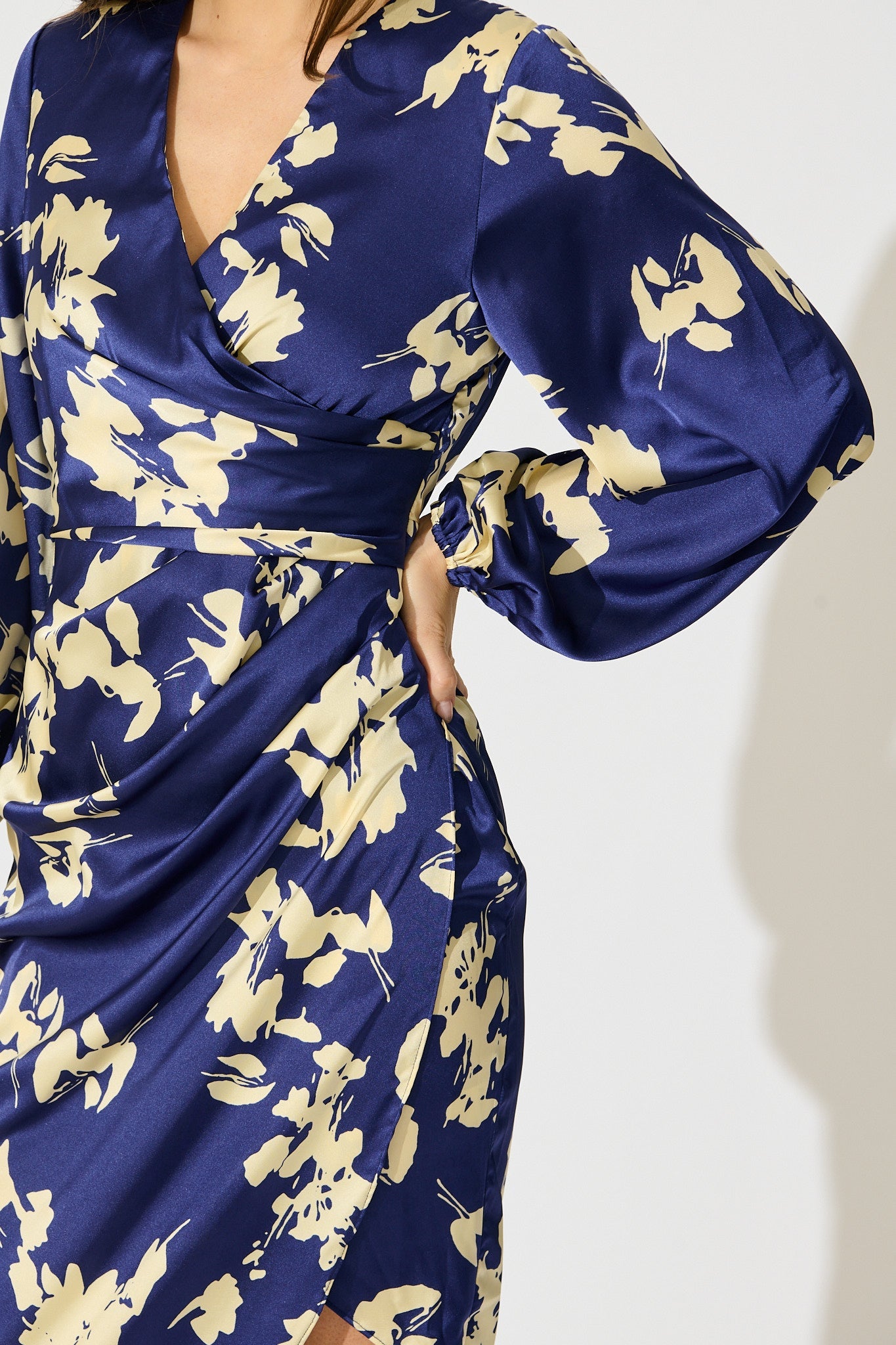 Kalisha Midi Dress in Blue with White Floral Satin