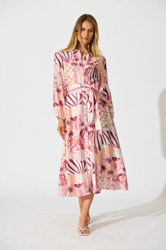 Imagination Midi Shirt Dress in Pink Patchwork Floral
