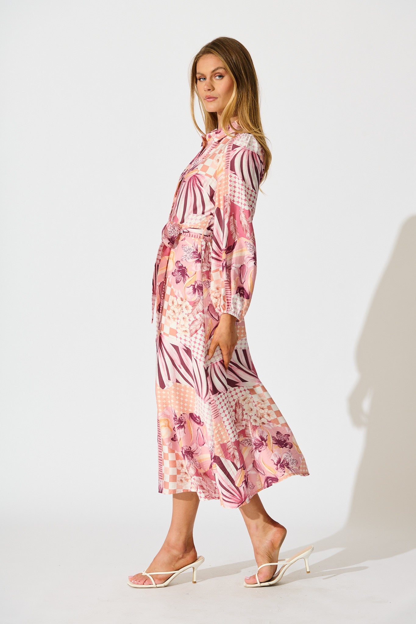 Imagination Midi Shirt Dress in Pink Patchwork Floral