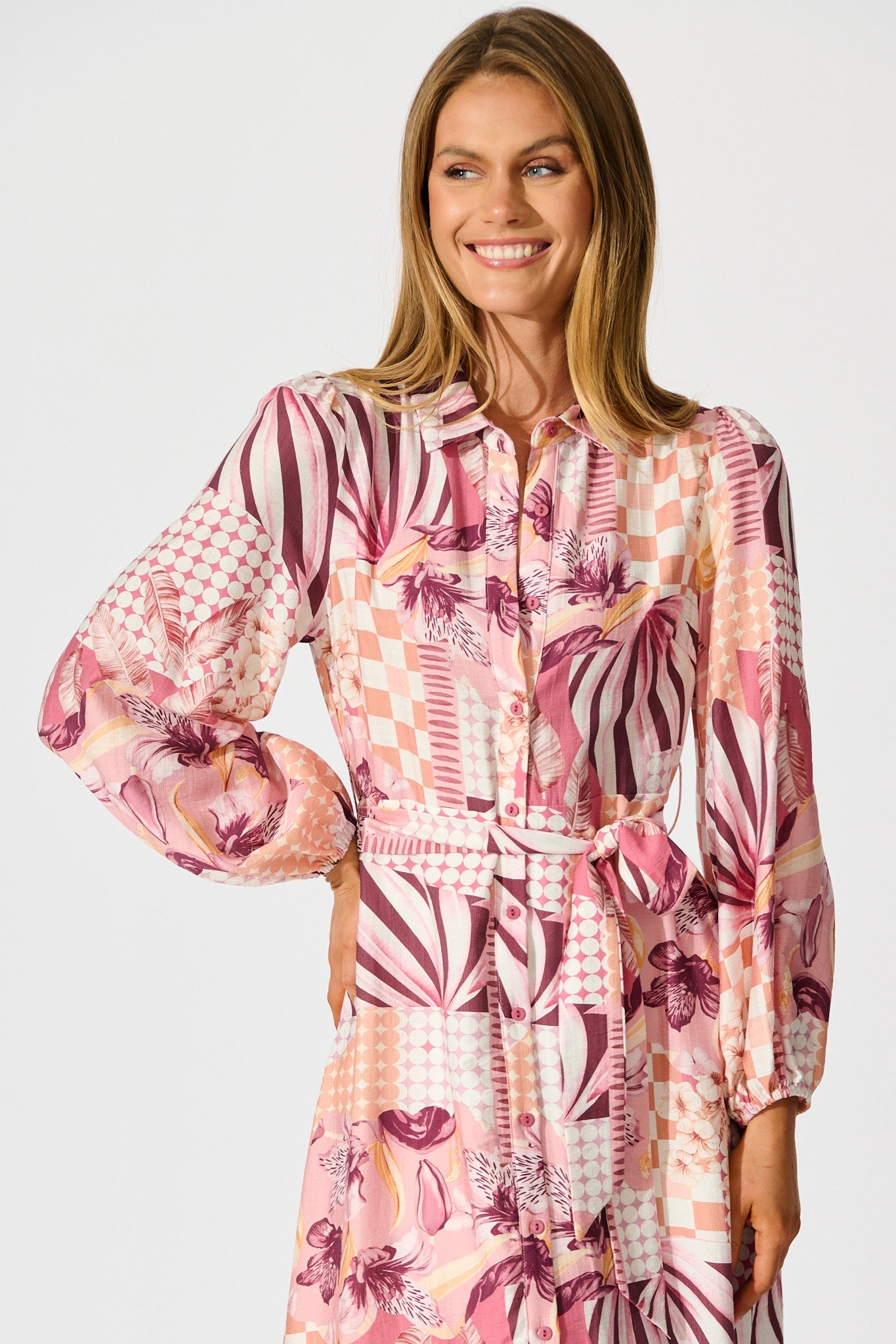Imagination Midi Shirt Dress in Pink Patchwork Floral