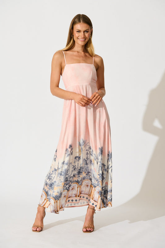 Willa Maxi Sundress in Blush Palm Tree Print