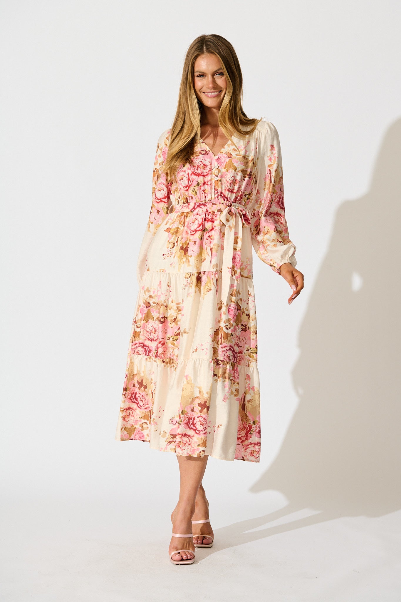 Primavera Midi Dress in Cream with Pink Floral