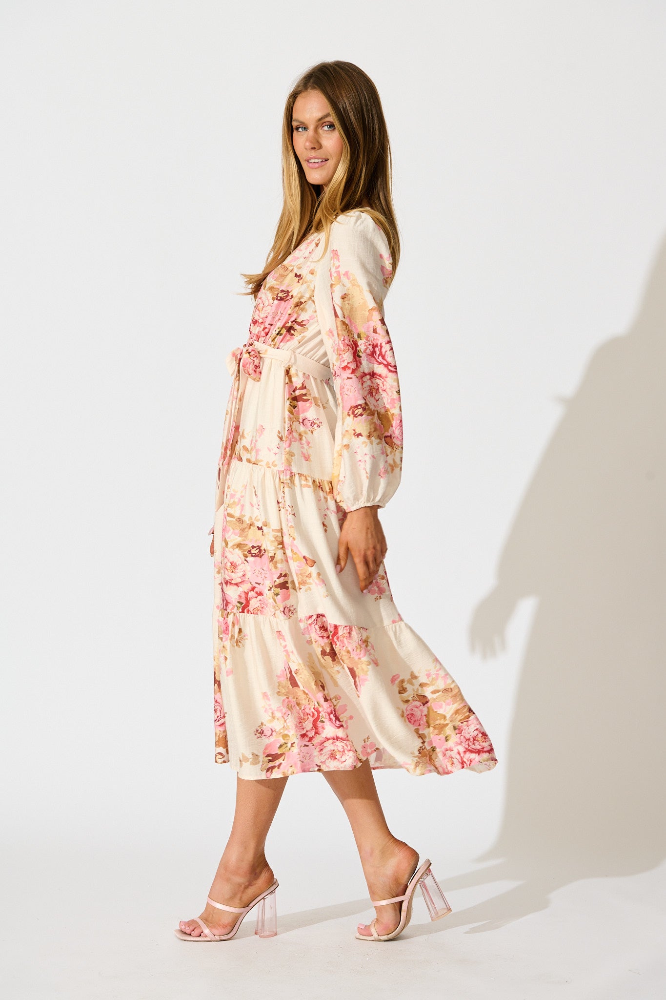 Primavera Midi Dress in Cream with Pink Floral
