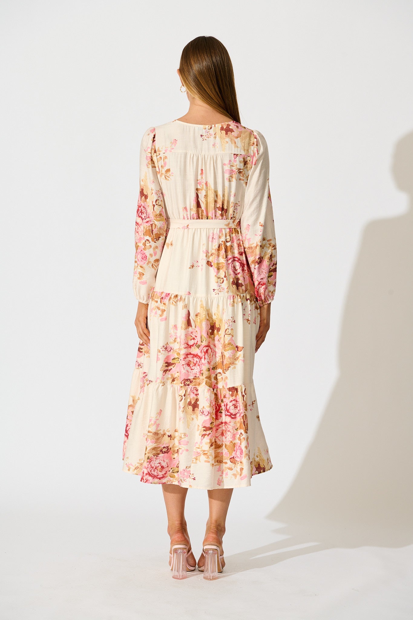 Primavera Midi Dress in Cream with Pink Floral