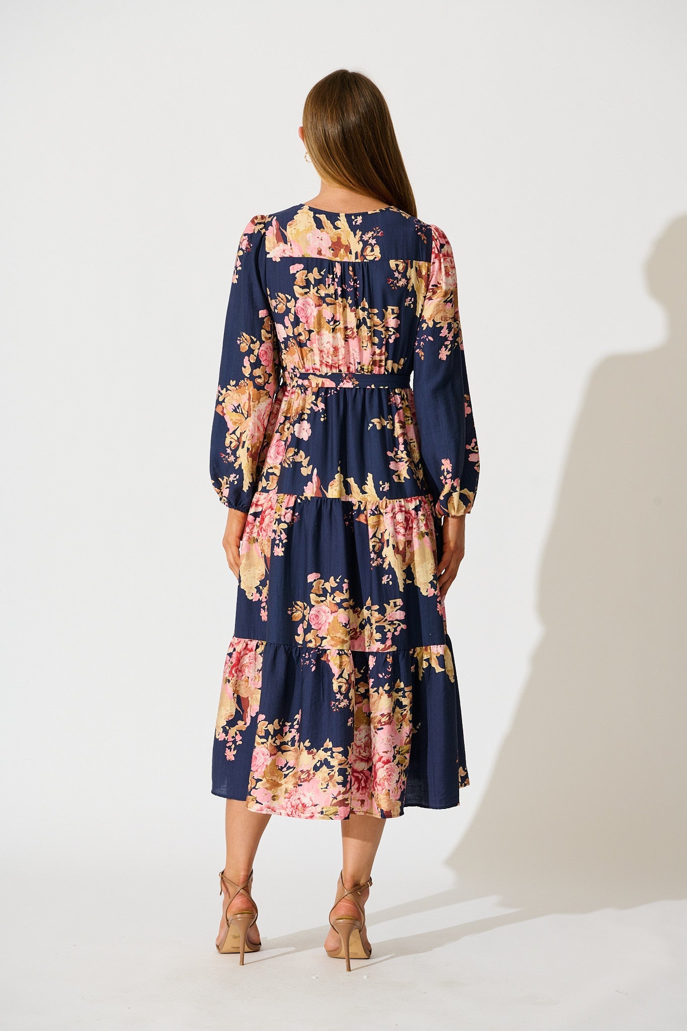 Primavera Midi Dress in Navy with Pink Floral