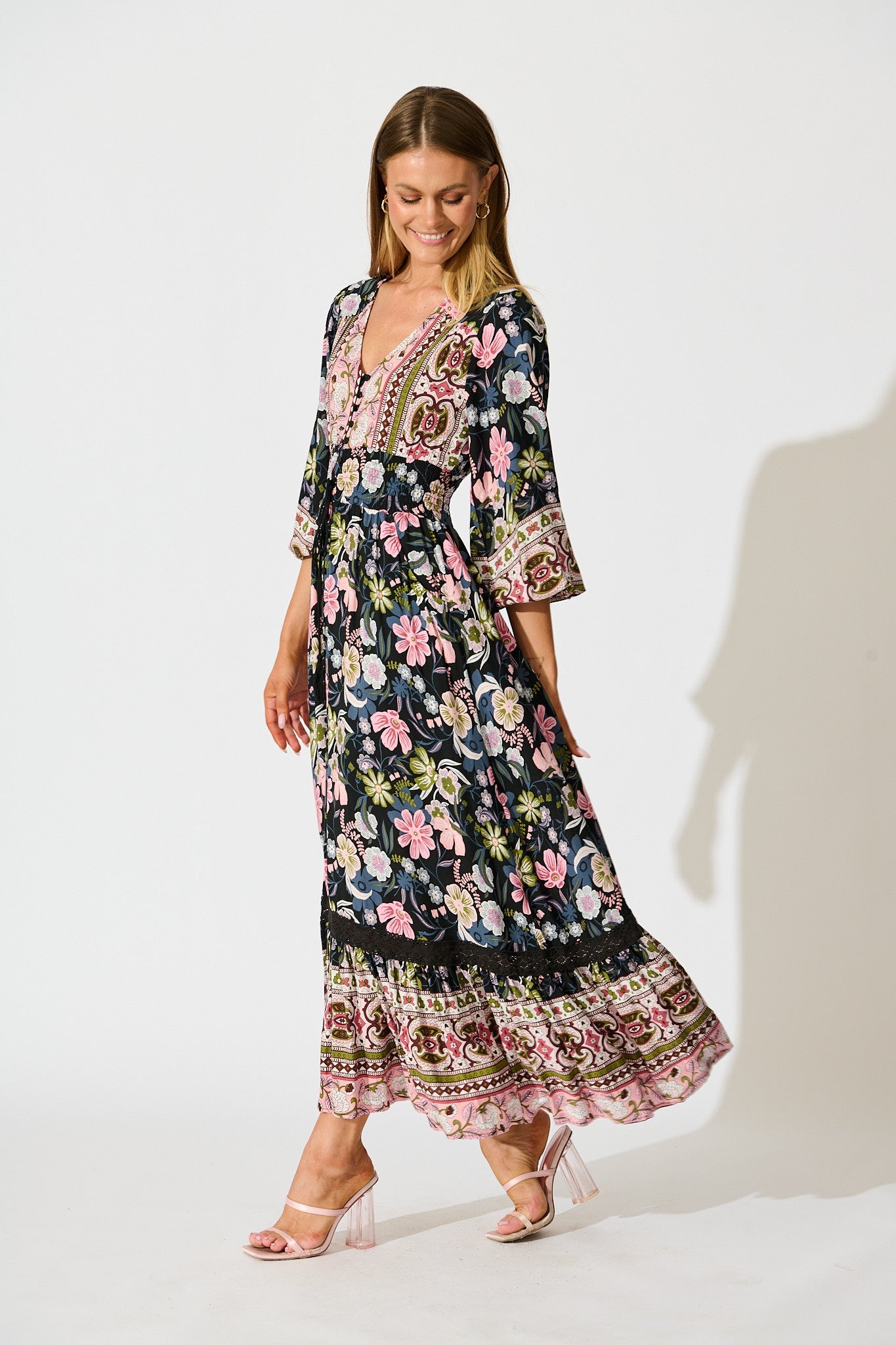 Mayda Maxi Dress in Black with Pink Boho Floral