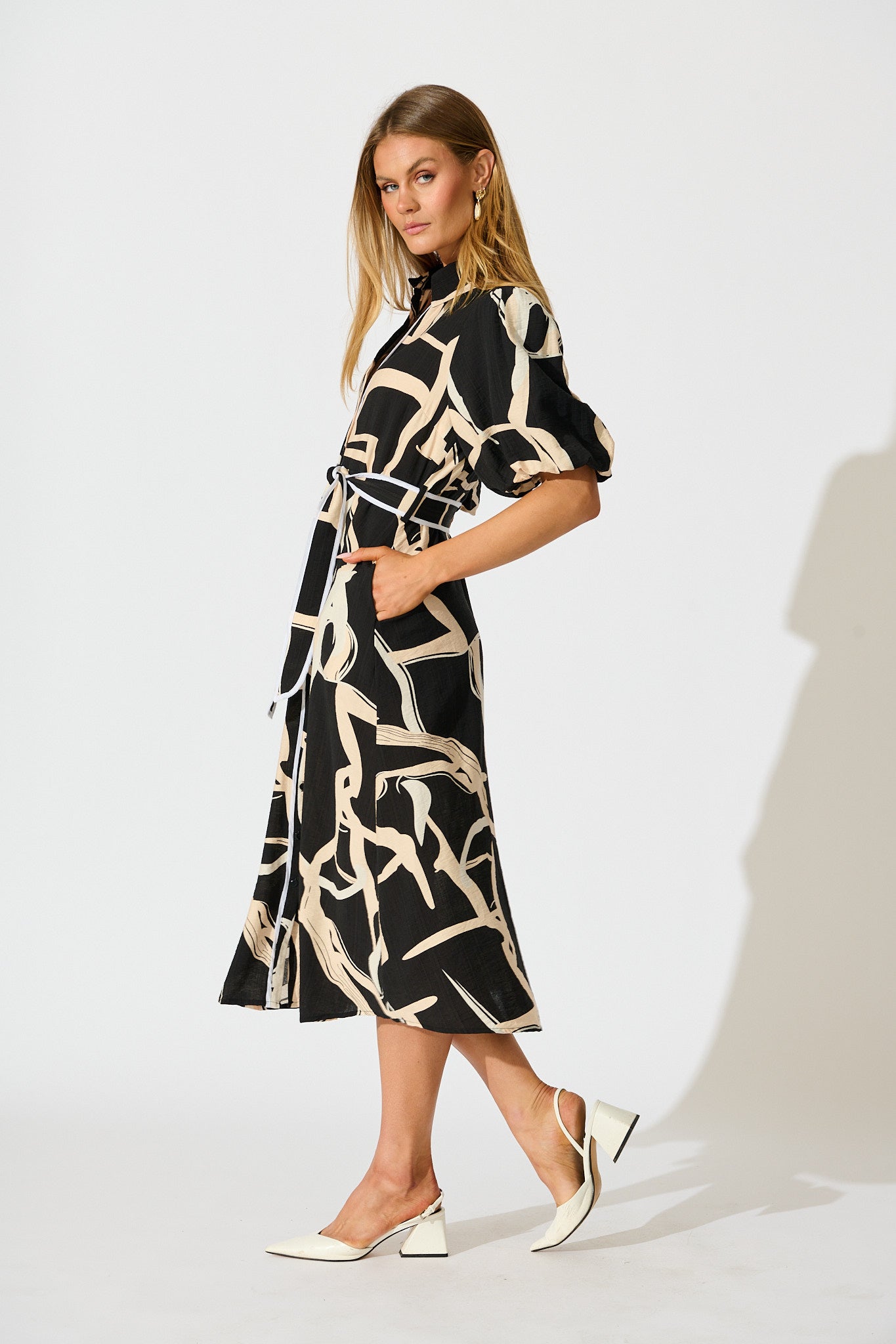 PRE ORDER Libra Midi Shirt Dress in Black with Cream Swirl Print Linen Blend