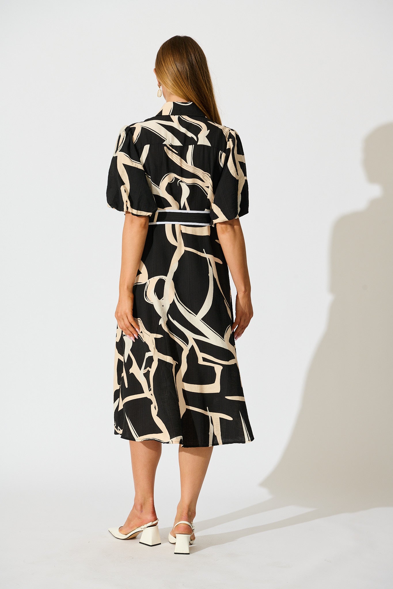 PRE ORDER Libra Midi Shirt Dress in Black with Cream Swirl Print Linen Blend