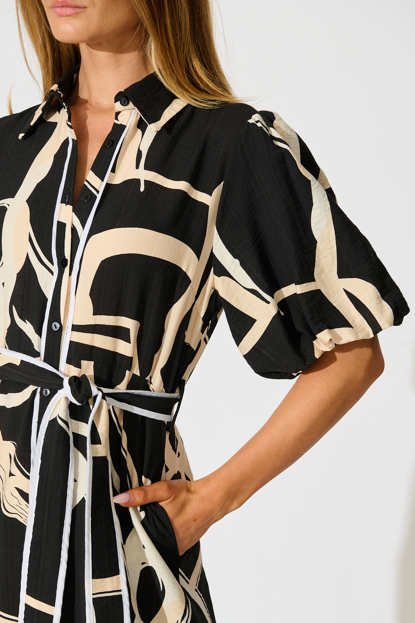 PRE ORDER Libra Midi Shirt Dress in Black with Cream Swirl Print Linen Blend