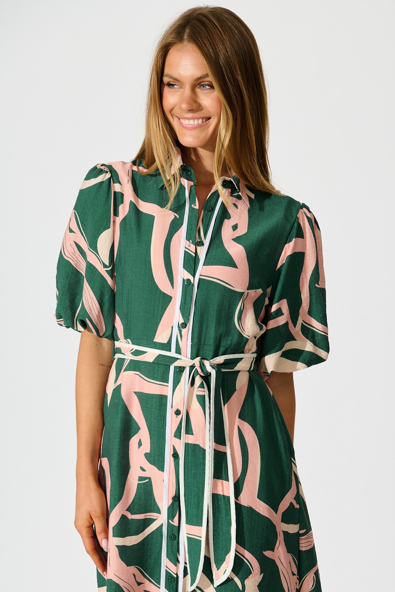 Libra Midi Shirt Dress in Green with Pink Swirl Print Linen Blend