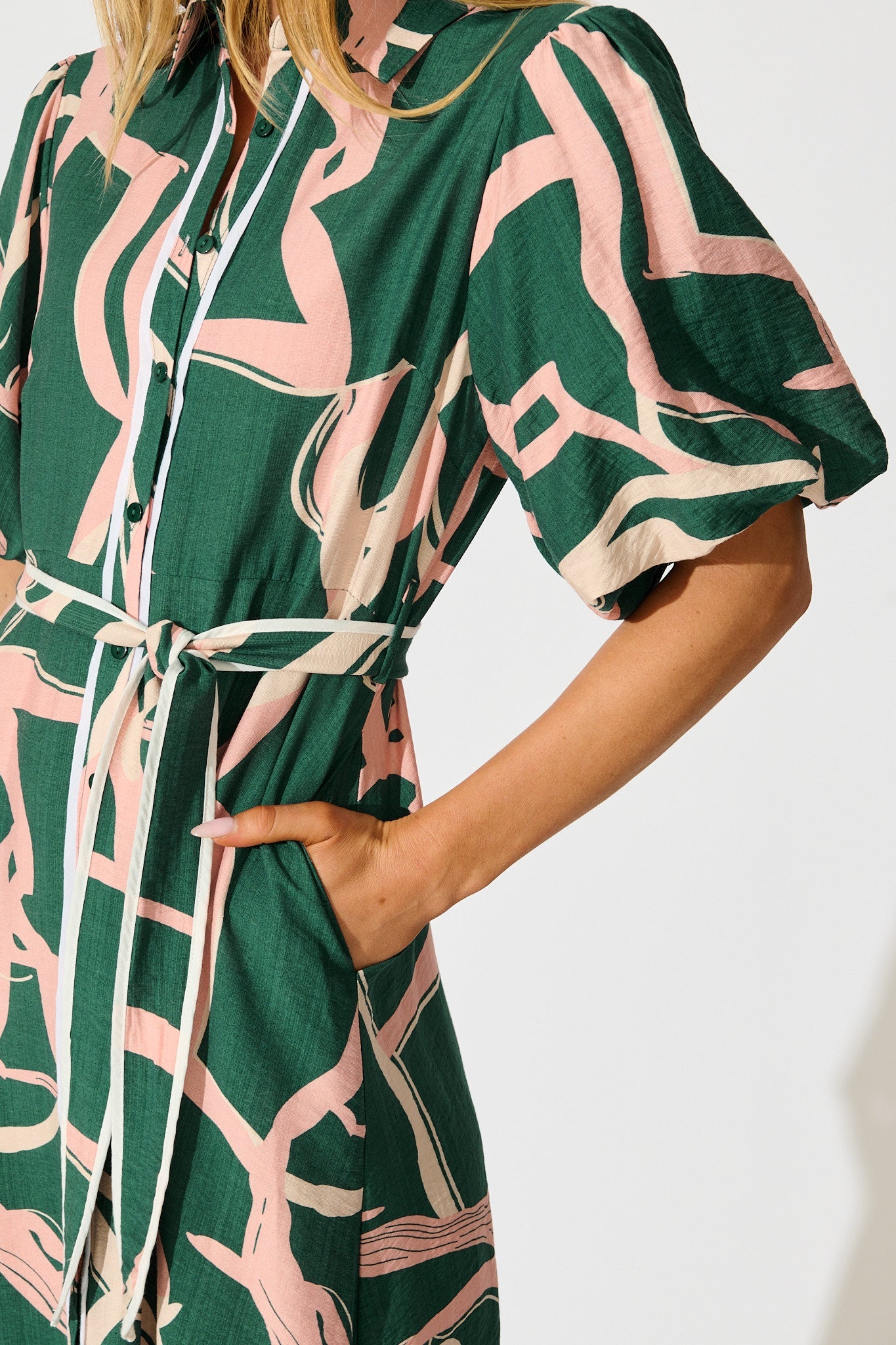 Libra Midi Shirt Dress in Green with Pink Swirl Print Linen Blend
