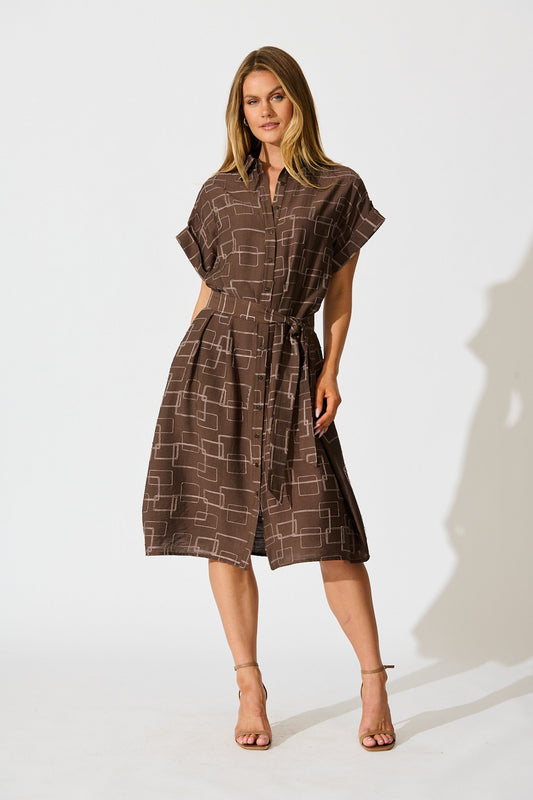 Hartlee Midi Shirt Dress in Brown Embroidery Linen Blend