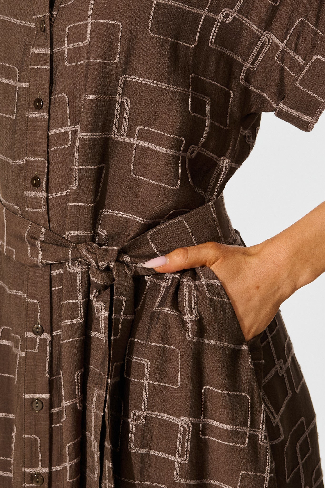 Hartlee Midi Shirt Dress in Brown Embroidery Linen Blend