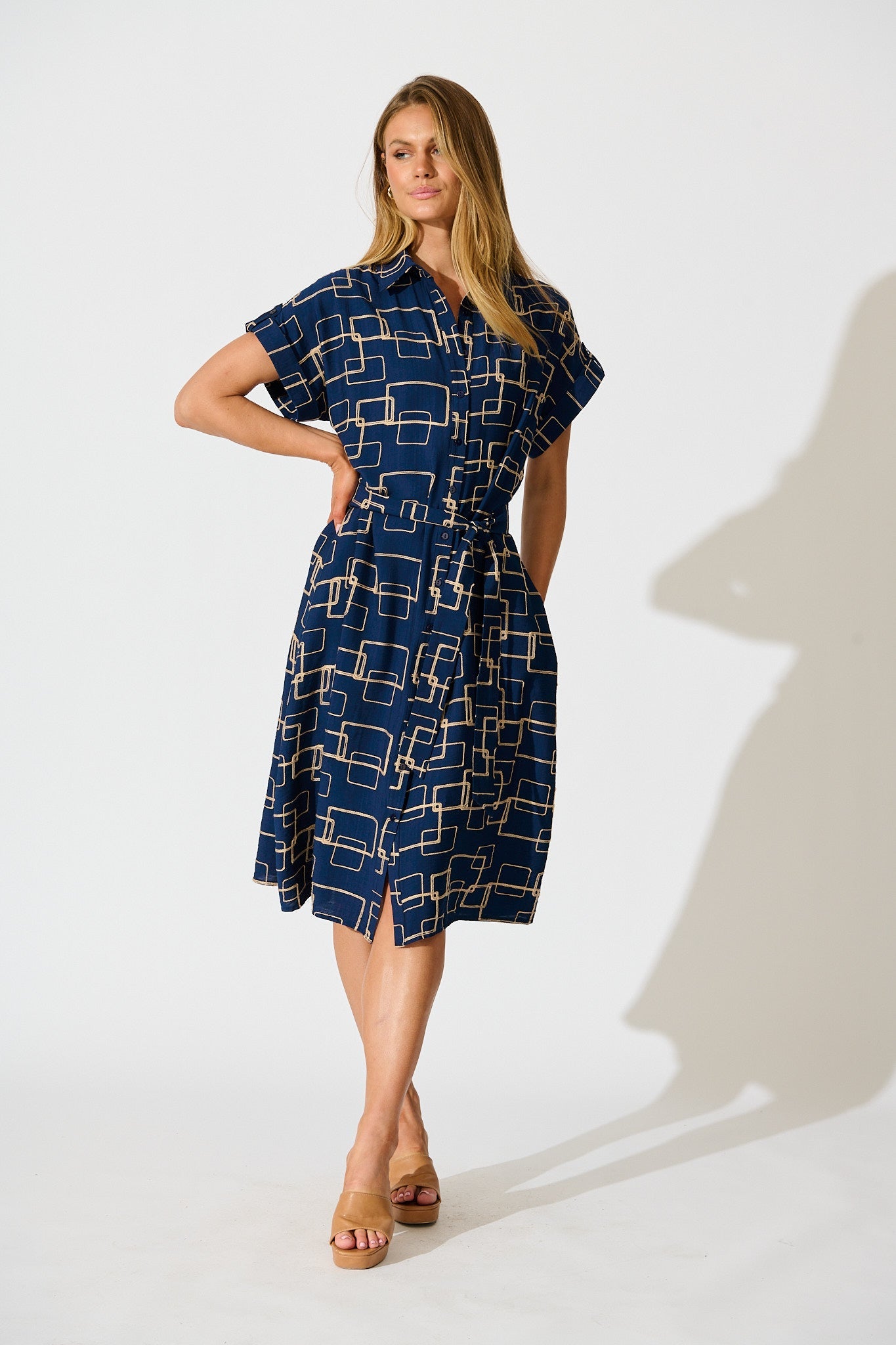 Hartlee Midi Shirt Dress in Navy Embroidery Linen Blend