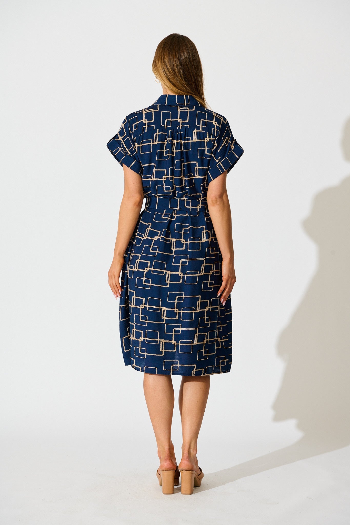 Hartlee Midi Shirt Dress in Navy Embroidery Linen Blend