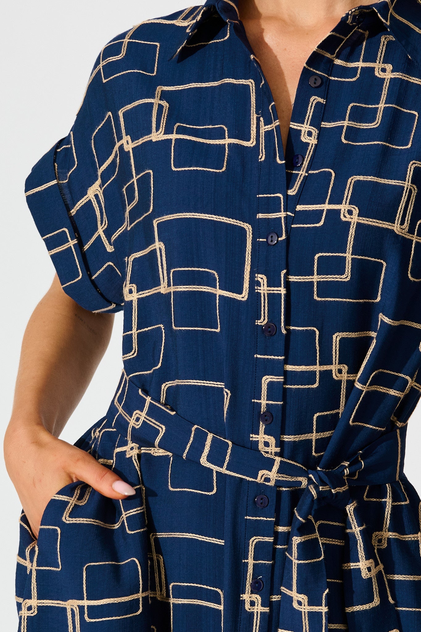 Hartlee Midi Shirt Dress in Navy Embroidery Linen Blend