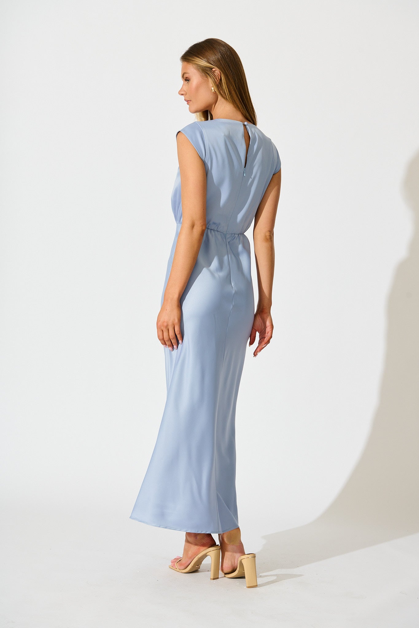 Elegant Devotion Maxi Dress in Ice Blue Satin