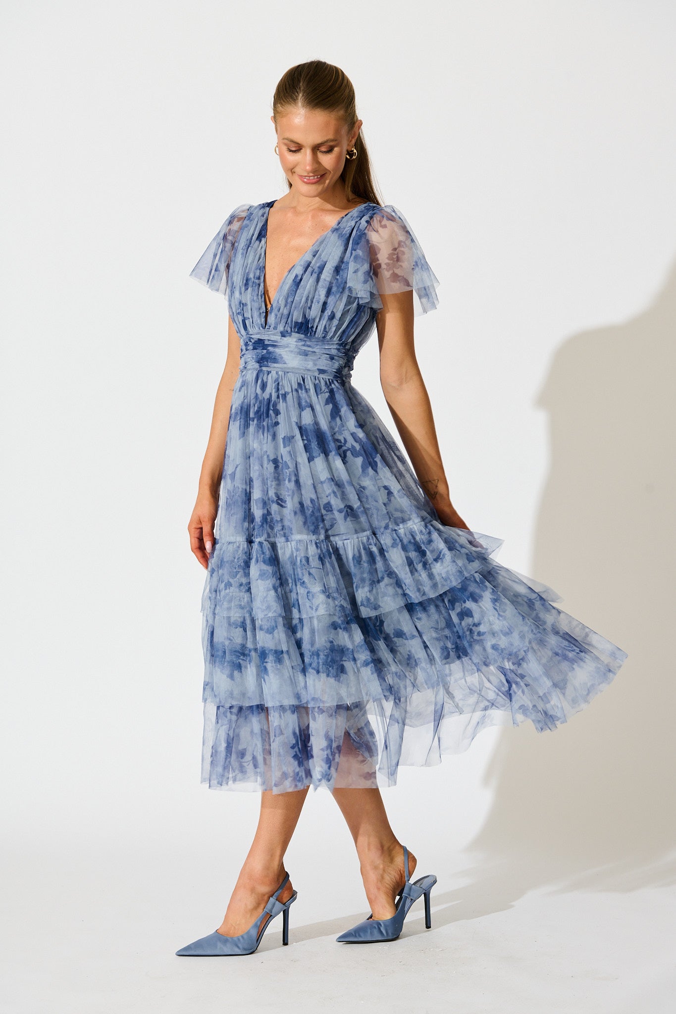PRE ORDER Ethereal Sky Midi Dress in Blue with Navy Floral Tulle