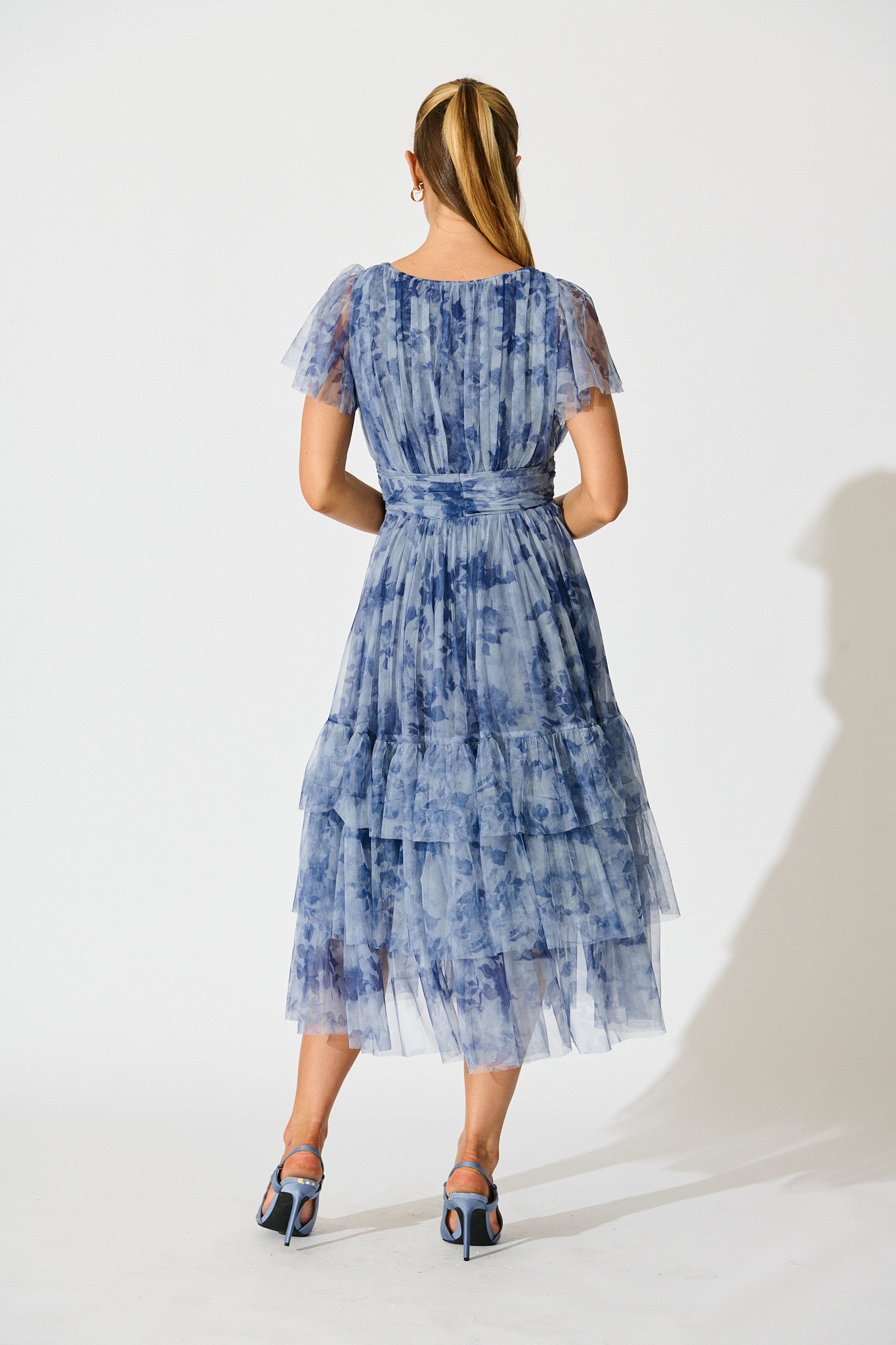 PRE ORDER Ethereal Sky Midi Dress in Blue with Navy Floral Tulle