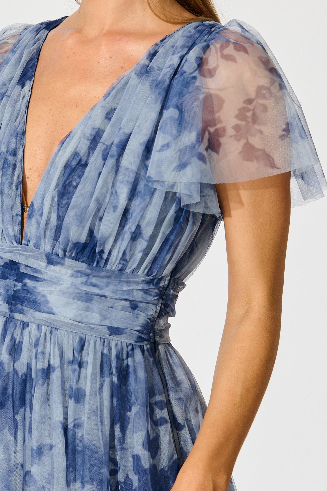 PRE ORDER Ethereal Sky Midi Dress in Blue with Navy Floral Tulle
