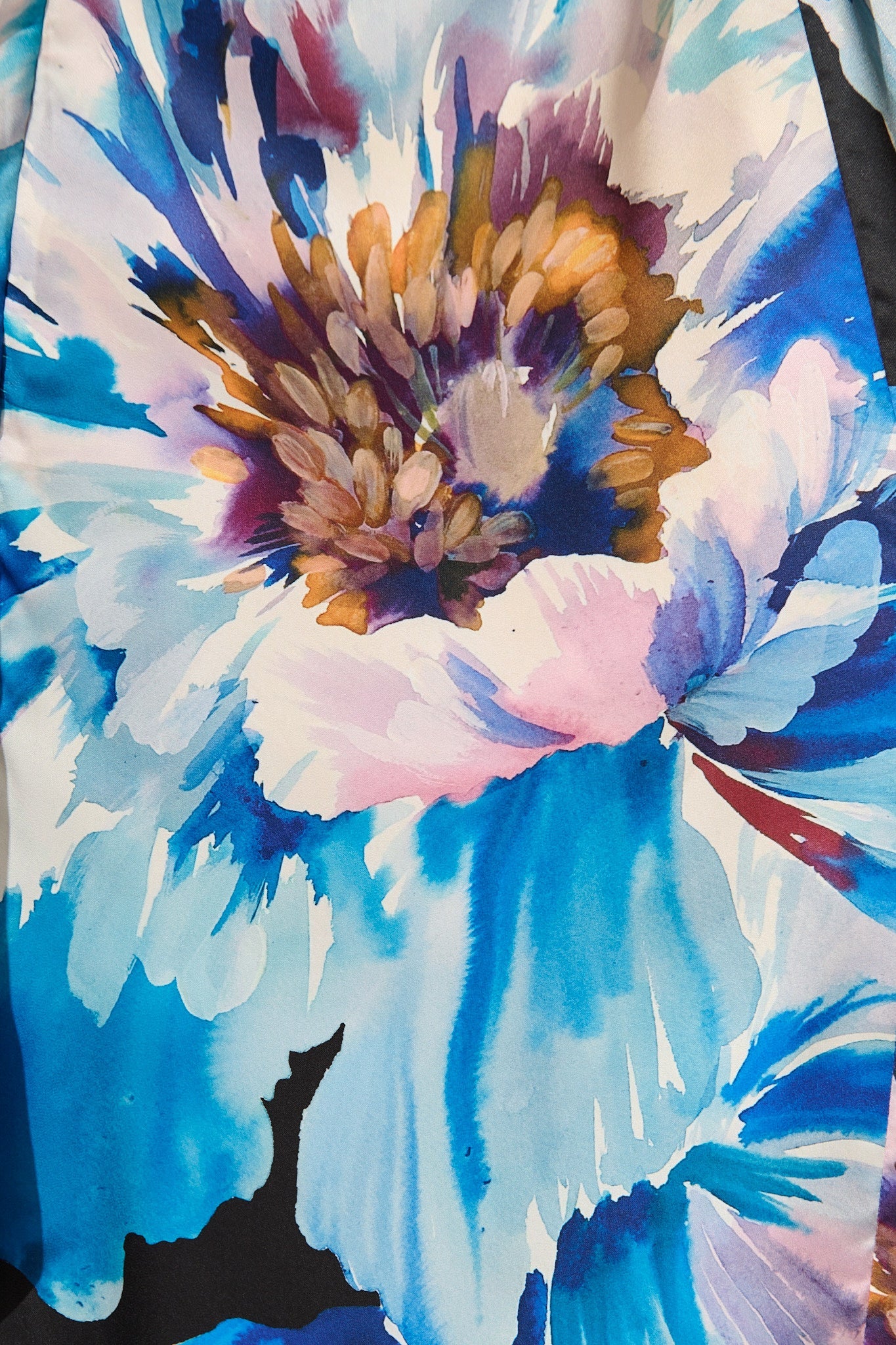 Joyful Midi Dress in Black with Blue Floral Satin