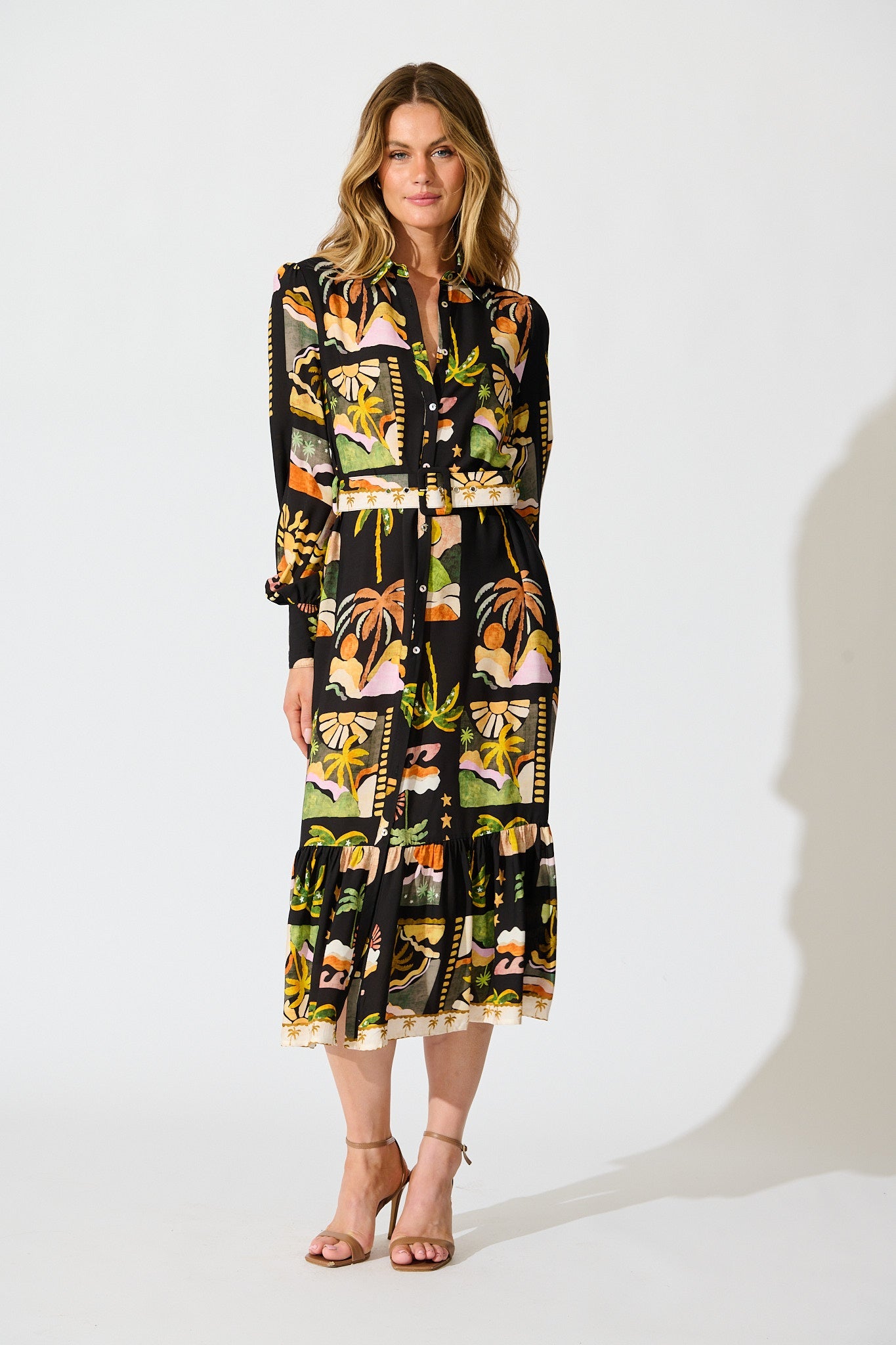 Juliana Midi Shirt Dress in Black with Multi Palm Tree Print
