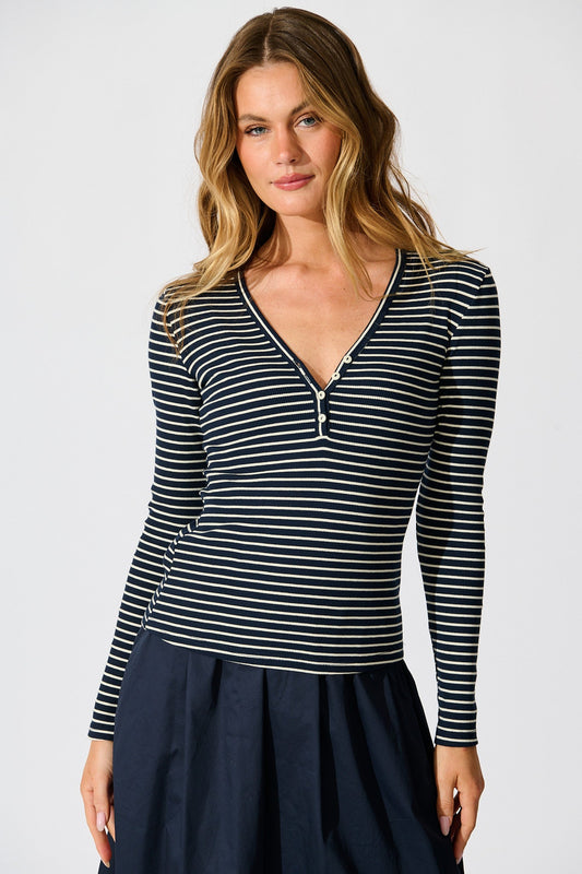 Leighton Top in Navy with Cream Stripe Cotton Blend
