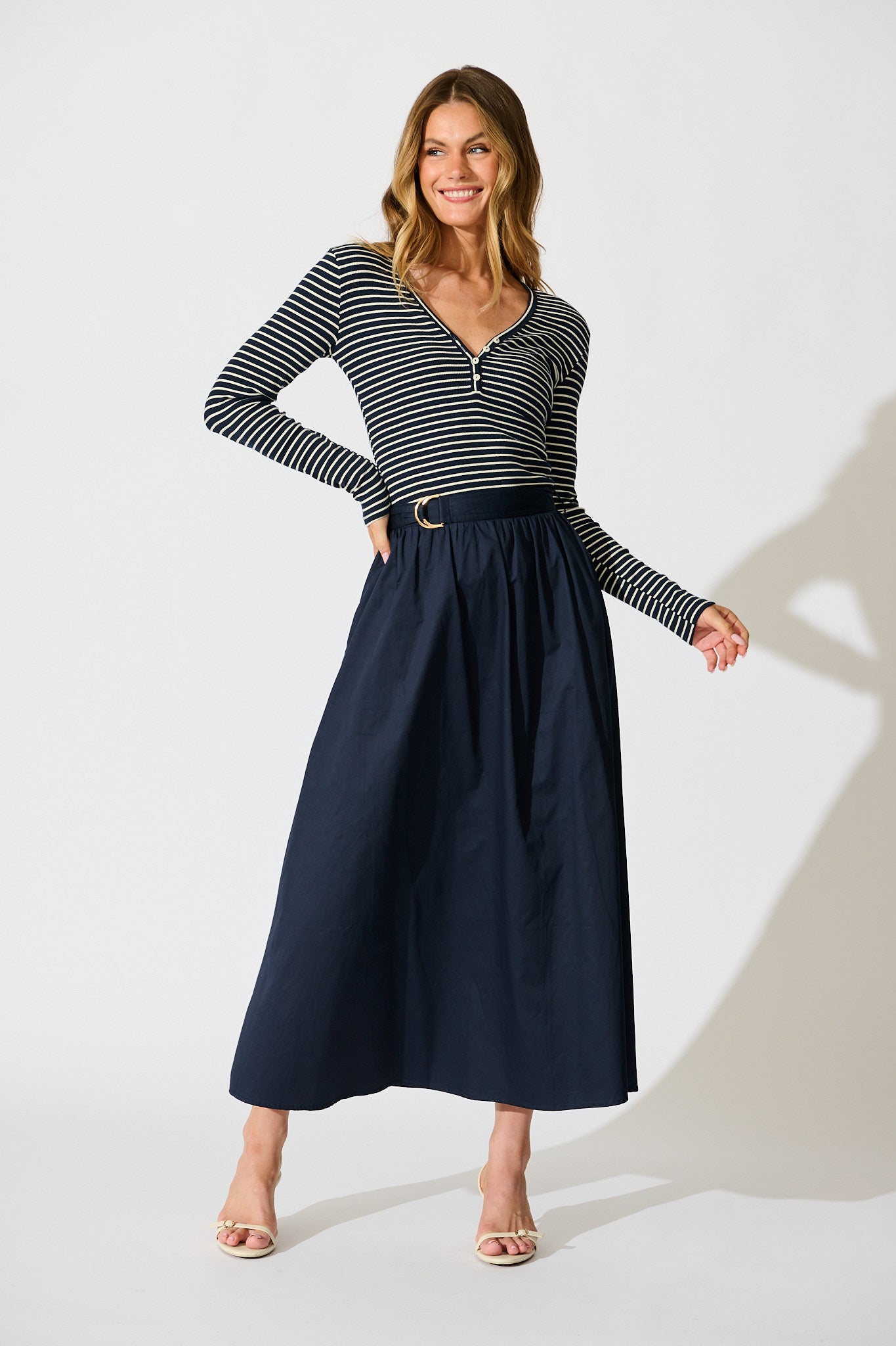 Leighton Top in Navy with Cream Stripe Cotton Blend