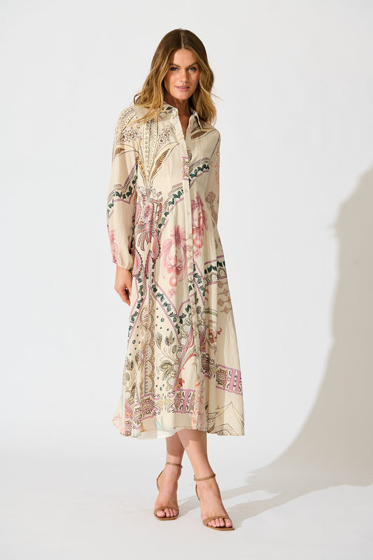 Sylvie Midi Shirt Dress in Cream with Blush Floral