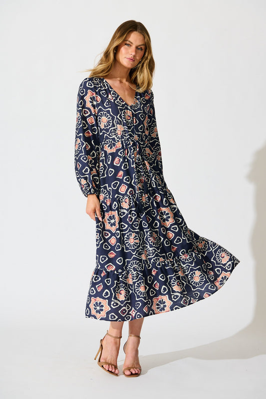 Calista Midi Dress in Navy Abstract Floral Print