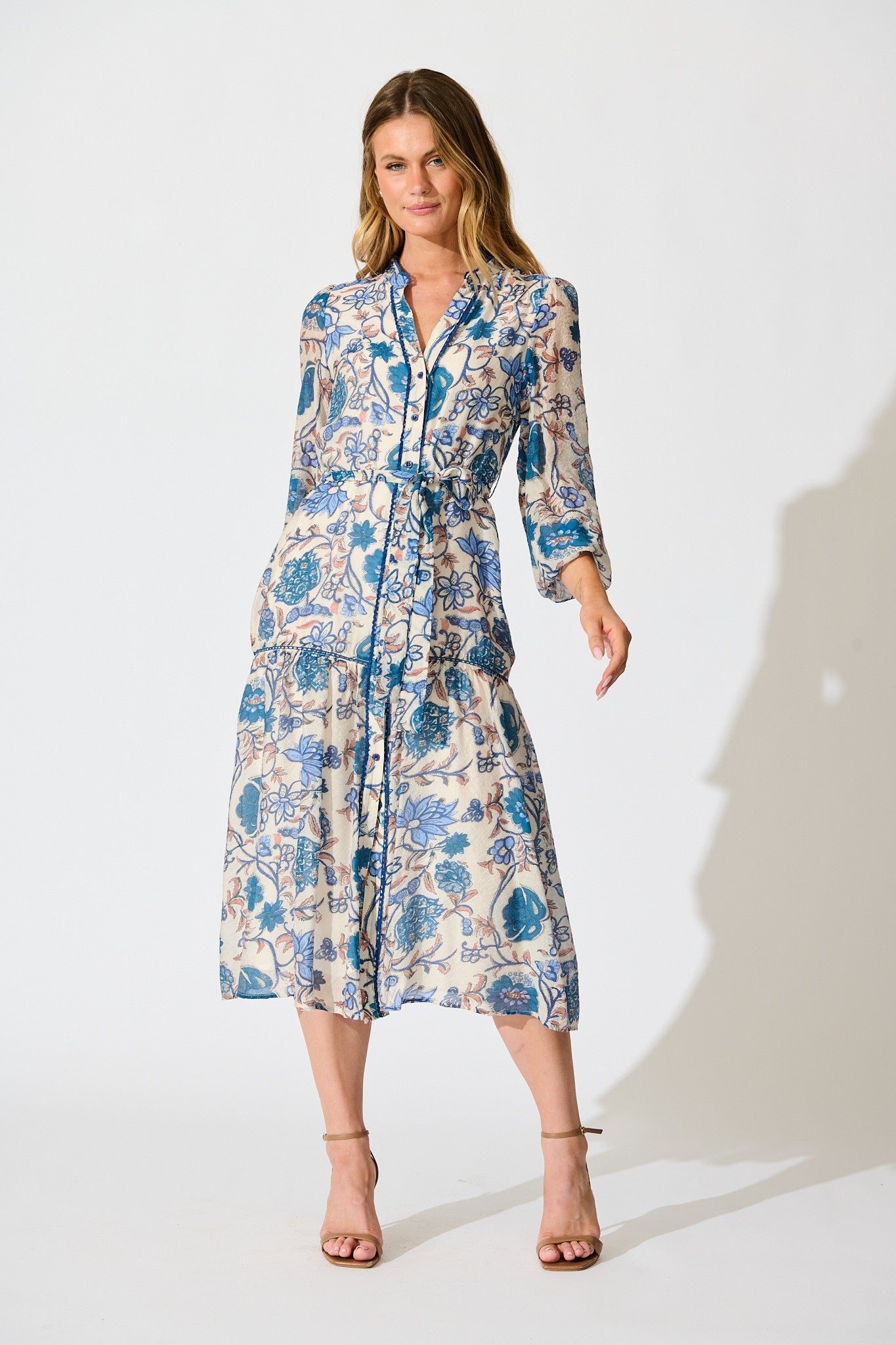 Miren Midi Dress in White with Blue Floral