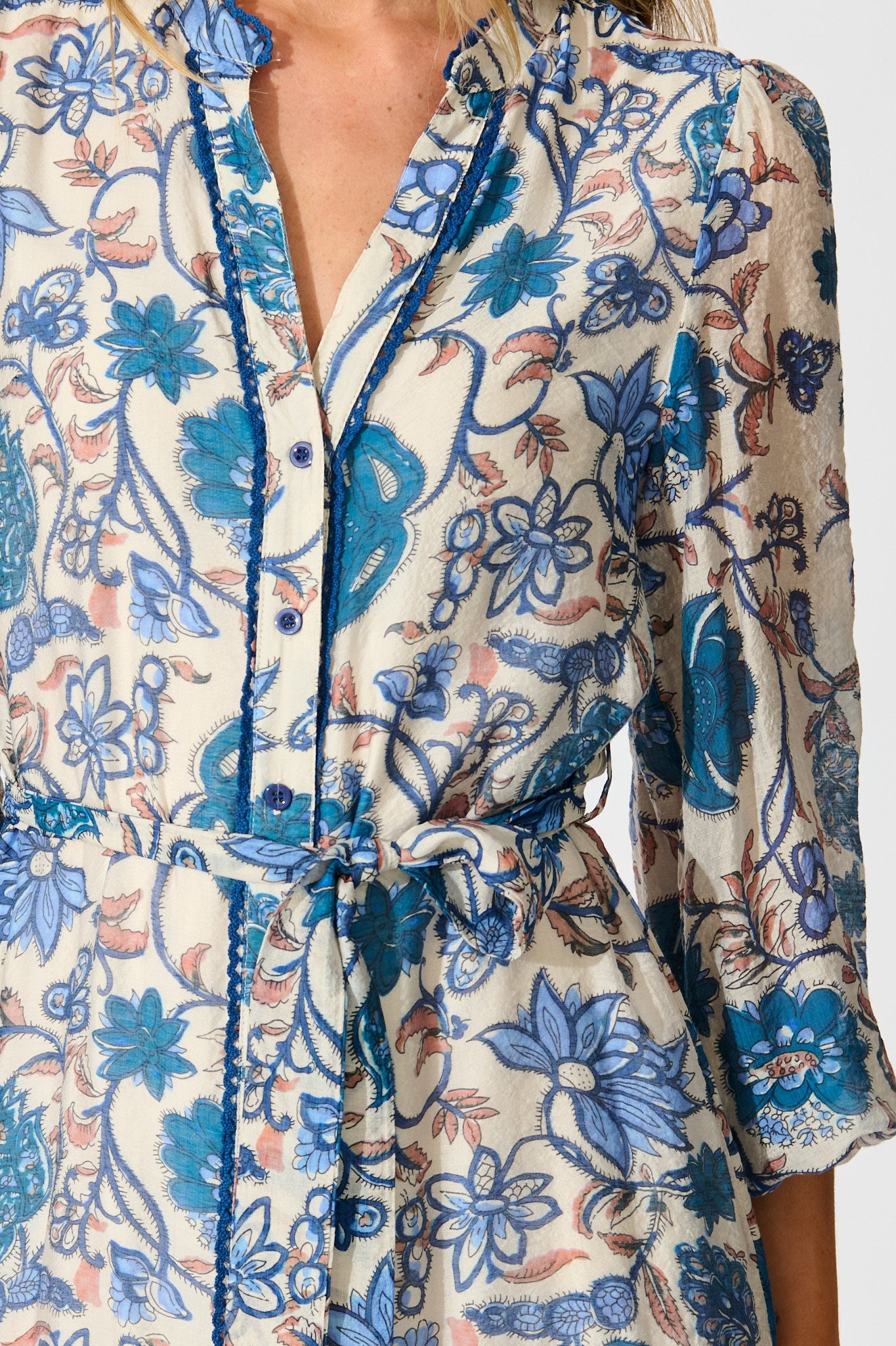 Miren Midi Dress in White with Blue Floral