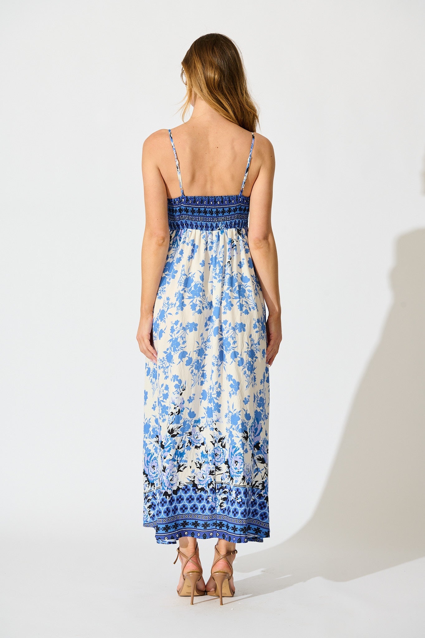 Fayda Maxi Sundress in Blue Floral Linen Blend
