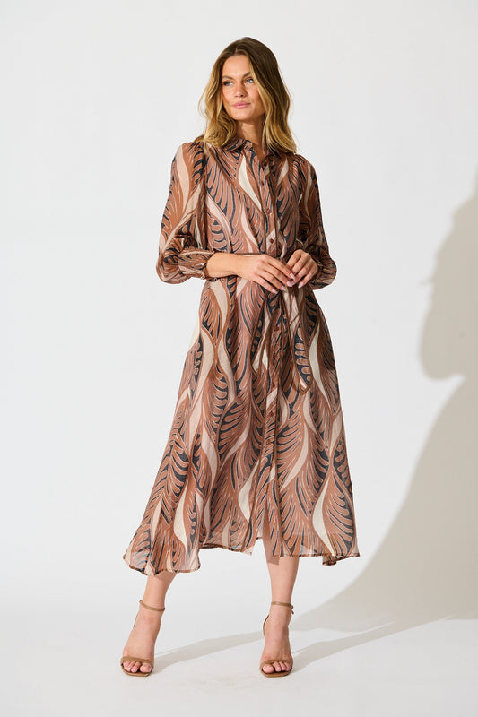 Tessa Maxi Shirt Dress in Brown with Tan Cotton Blend