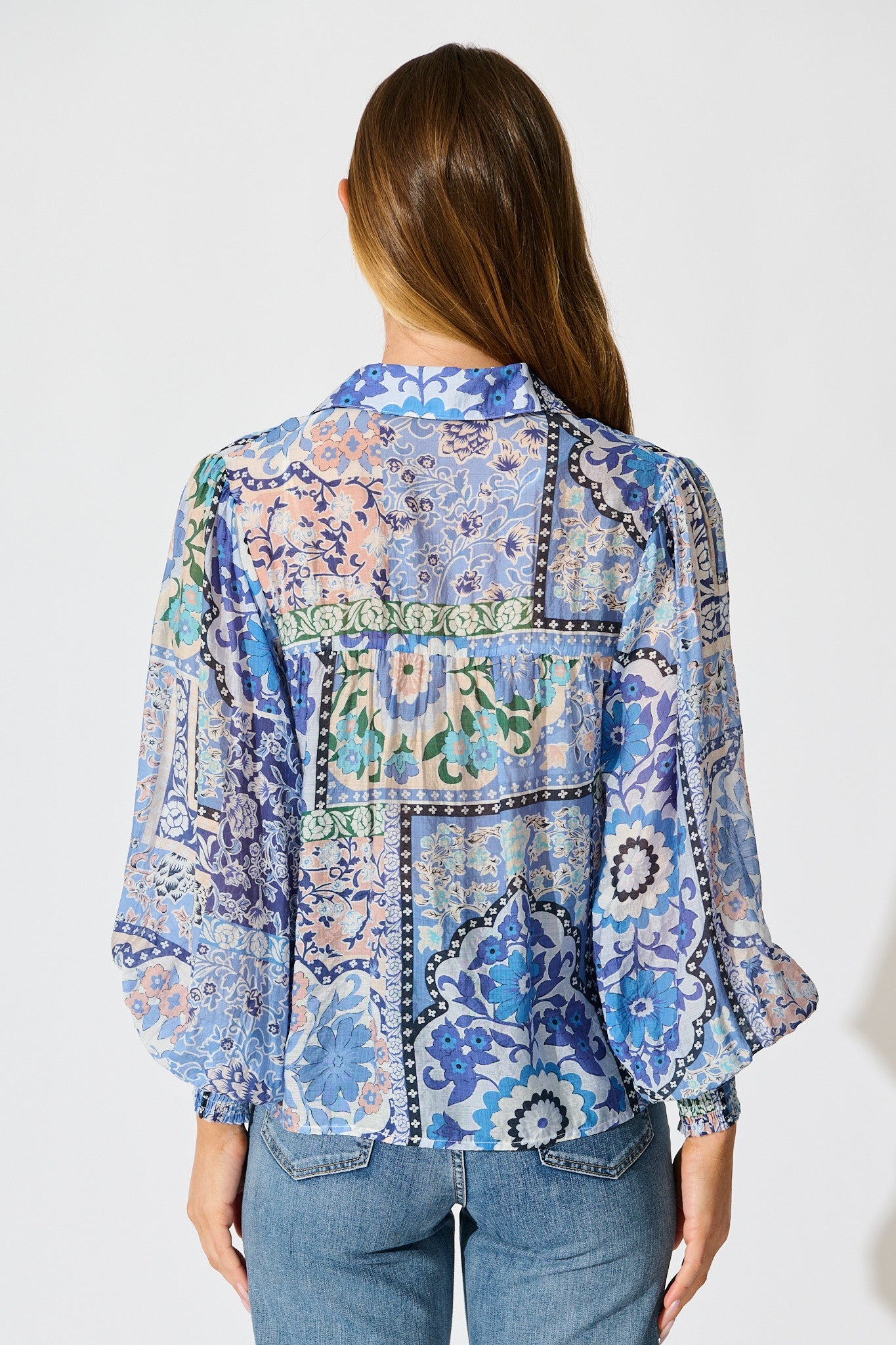 Emma Shirt in Multi Blue Cotton Blend