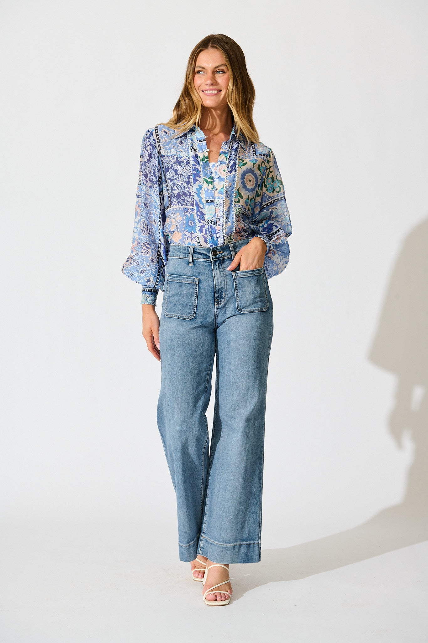 Emma Shirt in Multi Blue Cotton Blend