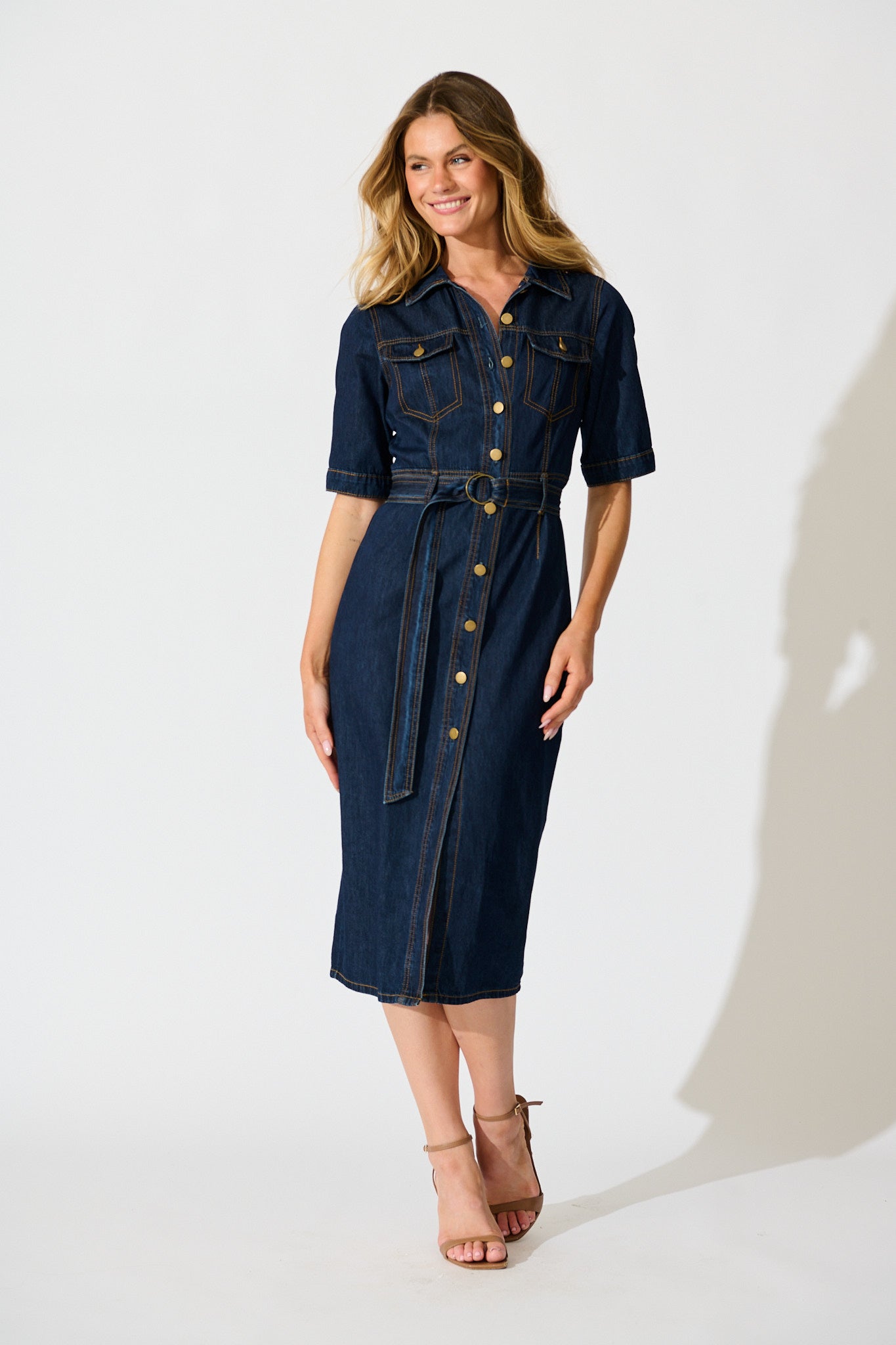 Delara Midi Shirt Dress in Dark Blue Denim