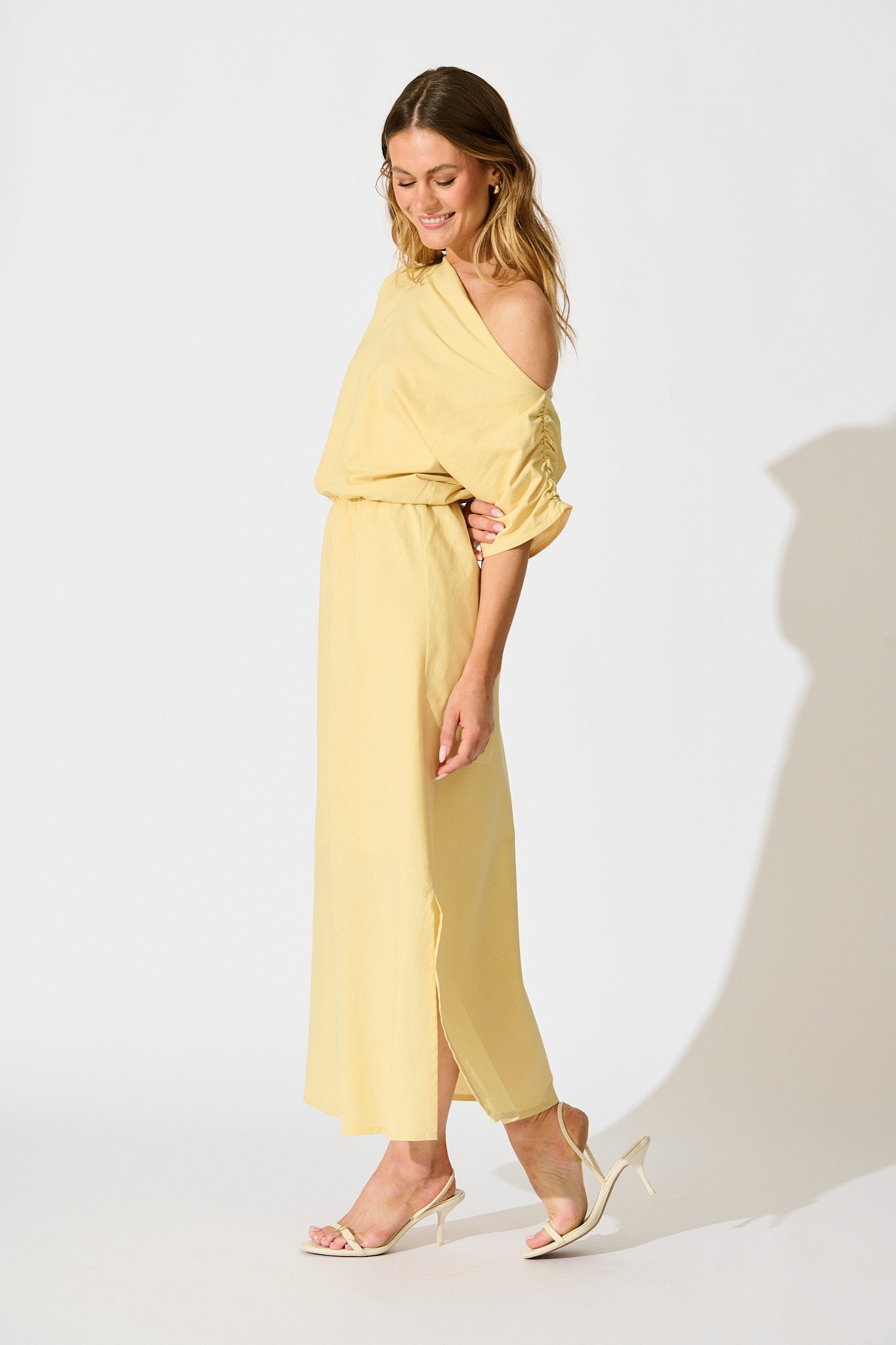 Saffron Sky Maxi Off Shoulder Dress in Butter Yellow Cotton