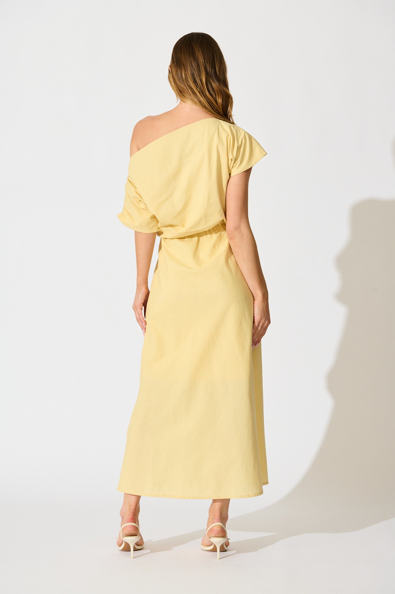 Saffron Sky Maxi Off Shoulder Dress in Butter Yellow Cotton