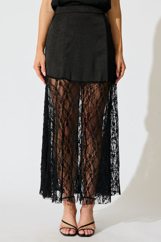 Twilight Grace Maxi Skirt in Black Satin