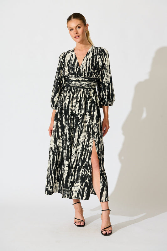 Azalea Maxi Dress in Black with Cream Print